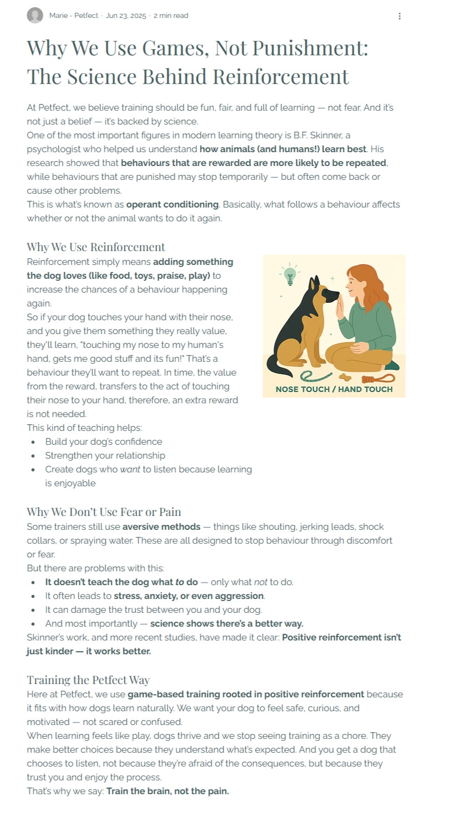 Illustration of a dog learning a hand touch game